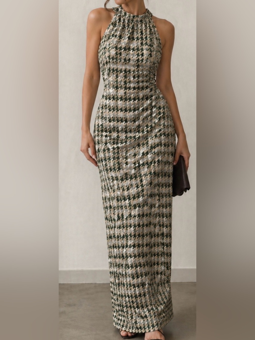 Houndstooth Halter Pencil Dress in Olive and Beige